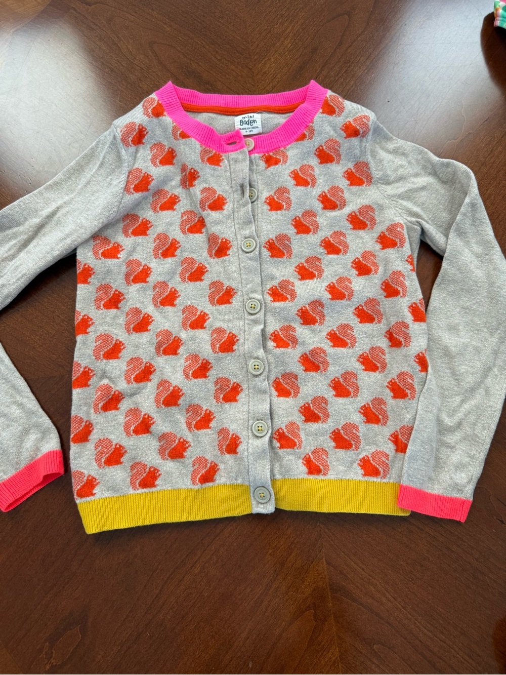 Boden Gray Cardigan with Orange Squirrel Motif and Pink Trim
